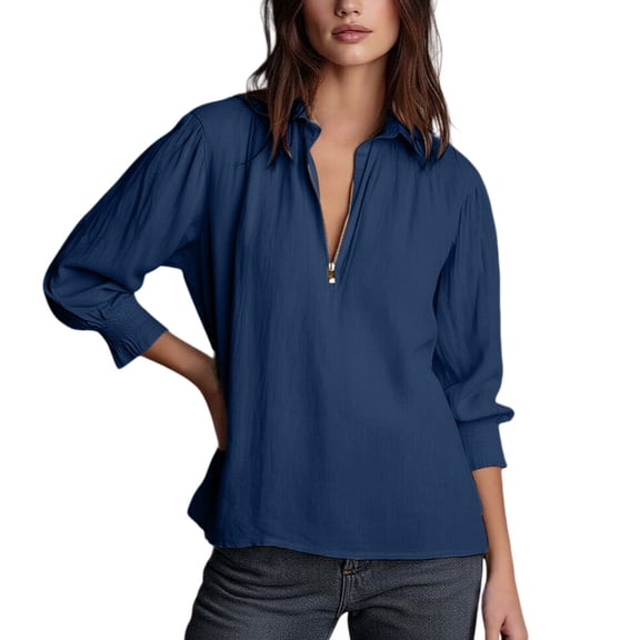 ManxiVoo European Style Plain Pullover Shirt for Women Collar Cotton Linen Blend Zipper Front Loose Fit Casual Blouse S Size Blue