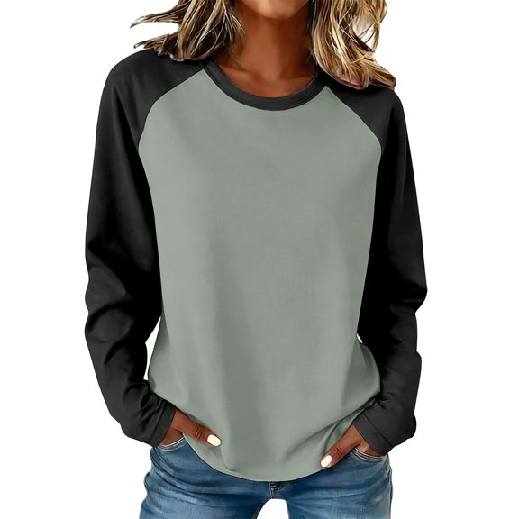 ManxiVoo Everyday Comfort Long Sleeve Tee for Women Raglan Sleeve Oversized Top with Casual Patchwork Style M Size Dark Gray