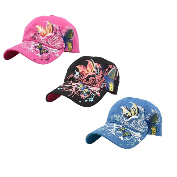 ManxiVoo Fashion Butterfly Embroidered Baseball Cap for Women Adjustable Snapback Sun Hat with Eyelet Ventilation 3 Packs