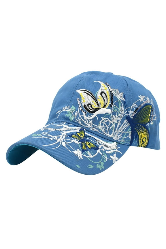 Fashion Butterfly Embroidered Baseball Cap for Women Adjustable Snapback Sun Hat with Eyelet Ventilation Blue