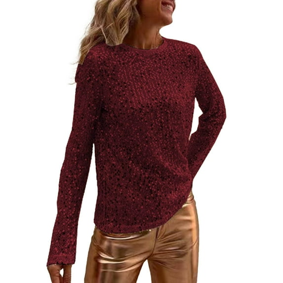 ManxiVoo Fashion Glitter Asymmetric Top for Women V Neck Long Sleeve Shimmer Tee Slimming Fit Modern Silhouette Going Out Top M Size Red