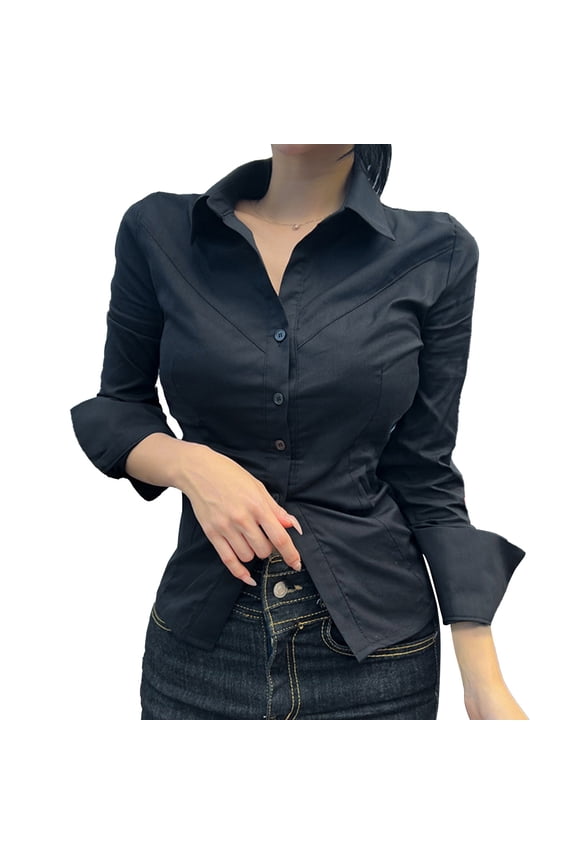 Flattering Pointed Collar Long Sleeve Shirt for Women Comfortable Stretch Fabric Feminine Tailored Fit for Work or Casual L Size Black