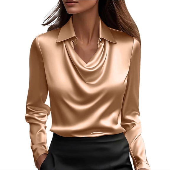ManxiVoo Floral Cowl Neck Blouse for Women Elegant Long Sleeve Work Tops Satin Feel Business Shirt Comfortable Office Wear Ladies Dressy Casual Attire XS Size Gold