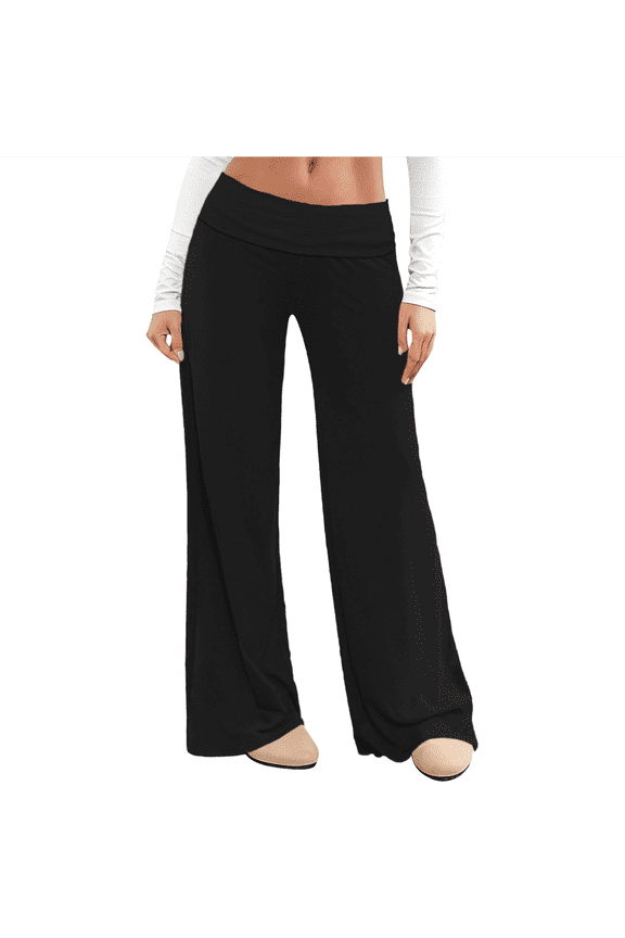 Fold Over Wide Leg Yoga Pants for Women Relaxed Fit Flare Leggings Soft Athletic Lounge and Workout Pants XL Size Black