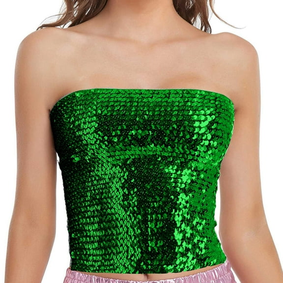 ManxiVoo Glittering Sequin Tube Top for Women Stretchy Bodycon Clubwear Party Outfit Elegant Evening Events Holiday Celebration Green