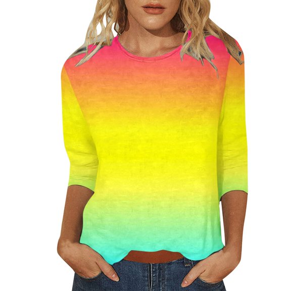 ManxiVoo Graphic Print Women's Blouse with 3/4 Sleeve Round Neck Relaxed Fit Loose Comfort Top for Casual Wear and Holiday S Size Orange