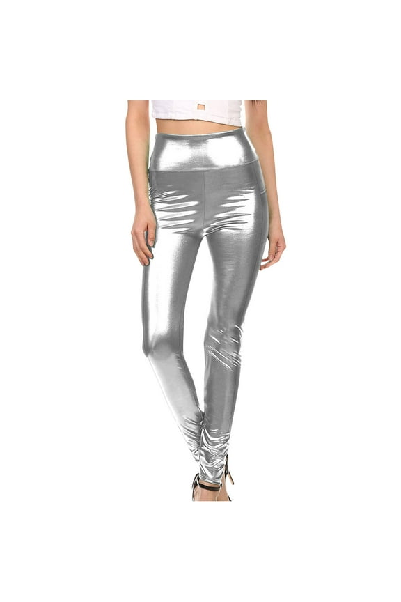 High Waist Metallic Leggings for Women Wet Look Shiny Trousers with Pocket Party Dance Disco and Festival Wear M Size Silver
