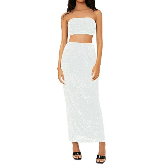 ManxiVoo Homecoming Dresses Women's Strapless Sequin Split Fashion Spicy Girl Light Cooked Skirt Fall Dresses for Women 2023 White7 M