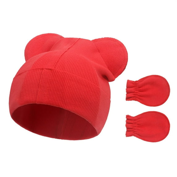 ManxiVoo Infant Ribbed Hat and Mittens Set Soft Cotton Baby Beanie with Ears No Scratch Mittens for Newborn Boys Girls