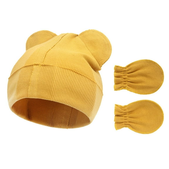 ManxiVoo Infant Ribbed Hat and Mittens Set Soft Cotton Baby Beanie with Ears No Scratch Mittens for Newborn Boys Girls