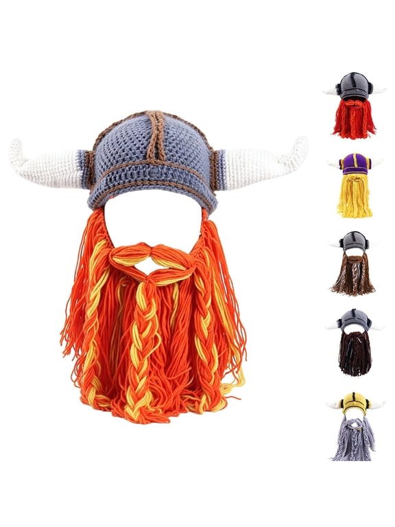 Knit Hat with Horns and Detachable Beard Funny Handmade Crochet Beanie for Festival Costume