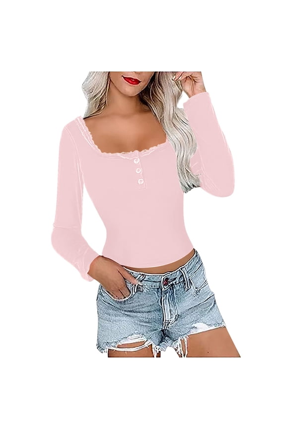 Lace Top Trimmed Open Collar Women's Long Sleeve Slim Fit for Layering Base Shirt and Casual Style XXXL Size Pink