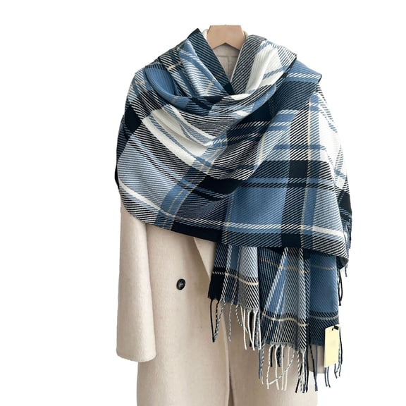 ManxiVoo Ladies British Plaid Scarves with Color Block and Tassels for Warm Winter Fashion and Cold Protection Blue