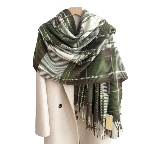 ManxiVoo Ladies British Plaid Scarves with Color Block and Tassels for Warm Winter Fashion and Cold Protection Green
