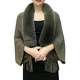 thumbnail image 1 of ManxiVoo Ladies Knitted Open Front Shawl Coat Faux Fur Collar Scarf Wrap Tassel Fringed Cardigan Sweater Asymmetrical Hem Casual Cover-Up Green, 1 of 3