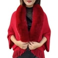 thumbnail image 1 of ManxiVoo Ladies Knitted Open Front Shawl Coat Faux Fur Collar Scarf Wrap Tassel Fringed Cardigan Sweater Asymmetrical Hem Casual Cover-Up Red, 1 of 5