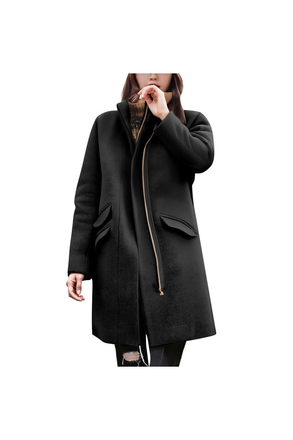 Ladies Mid Length Wool Blend Coat with Notch Lapel and Button Pocket Design for a Soft Warm and Timeless Outer Layer XL Size Black