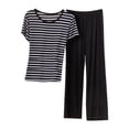 thumbnail image 1 of ManxiVoo Ladies Modal Sleepwear Set Soft Striped Short Sleeve Shirt and Lounge Pants for Home Comfort L Size Black, 1 of 4