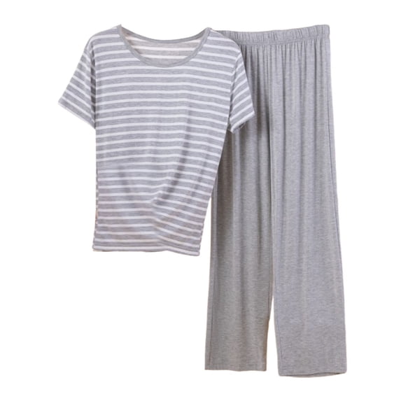 ManxiVoo Ladies Modal Sleepwear Set Soft Striped Short Sleeve Shirt and Lounge Pants for Home Comfort L Size Grey