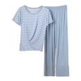 thumbnail image 1 of ManxiVoo Ladies Modal Sleepwear Set Soft Striped Short Sleeve Shirt and Lounge Pants for Home Comfort M Size Blue, 1 of 4