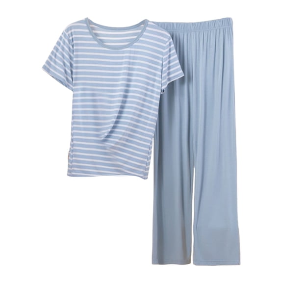 ManxiVoo Ladies Modal Sleepwear Set Soft Striped Short Sleeve Shirt and Lounge Pants for Home Comfort M Size Blue