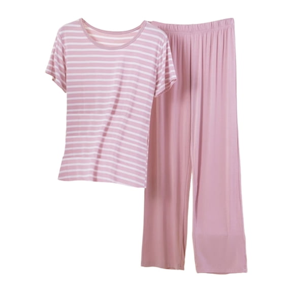 ManxiVoo Ladies Modal Sleepwear Set Soft Striped Short Sleeve Shirt and Lounge Pants for Home Comfort M Size Pink