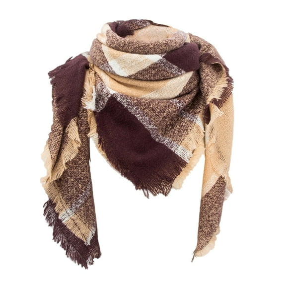 ManxiVoo Ladies Plaid Scarf With Fringe Detail Reversible Triangle Shawl Lightweight Soft Fashion Accessory Checkered Pattern Two Tone Wear Coffee