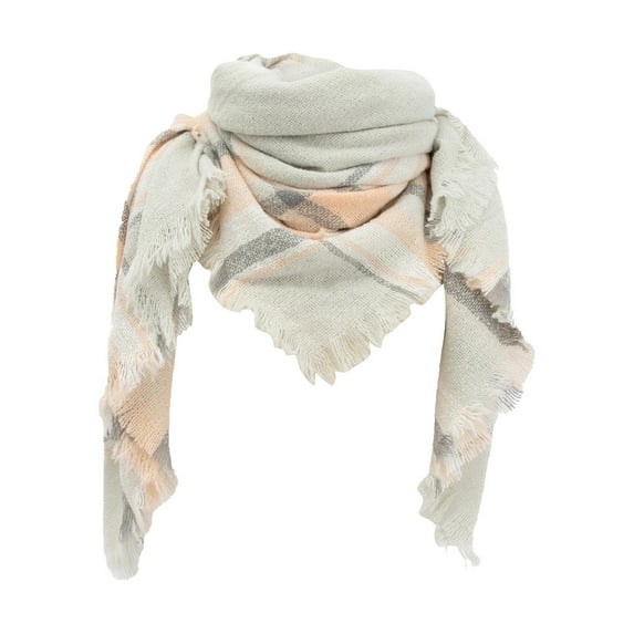 ManxiVoo Ladies Plaid Scarf With Fringe Detail Reversible Triangle Shawl Lightweight Soft Fashion Accessory Checkered Pattern Two Tone Wear Grey