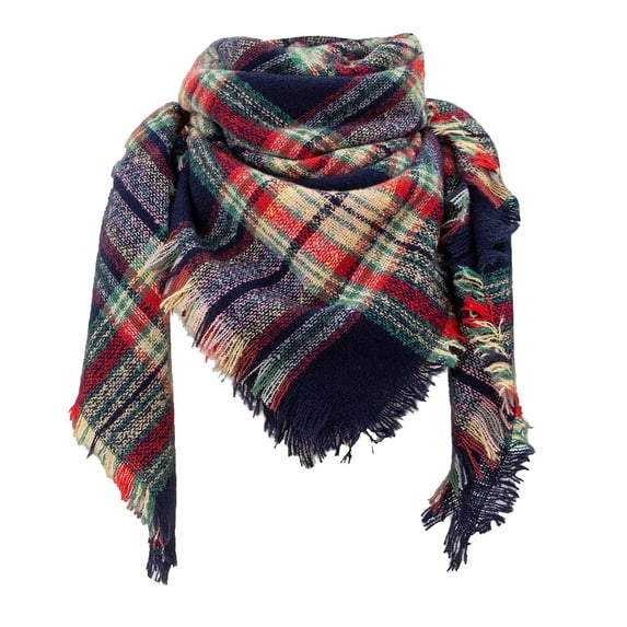 ManxiVoo Ladies Plaid Scarf With Fringe Detail Reversible Triangle Shawl Lightweight Soft Fashion Accessory Checkered Pattern Two Tone Wear Navy
