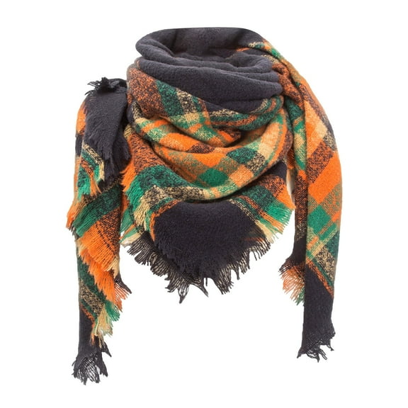 ManxiVoo Ladies Plaid Scarf With Fringe Detail Reversible Triangle Shawl Lightweight Soft Fashion Accessory Checkered Pattern Two Tone Wear Orange