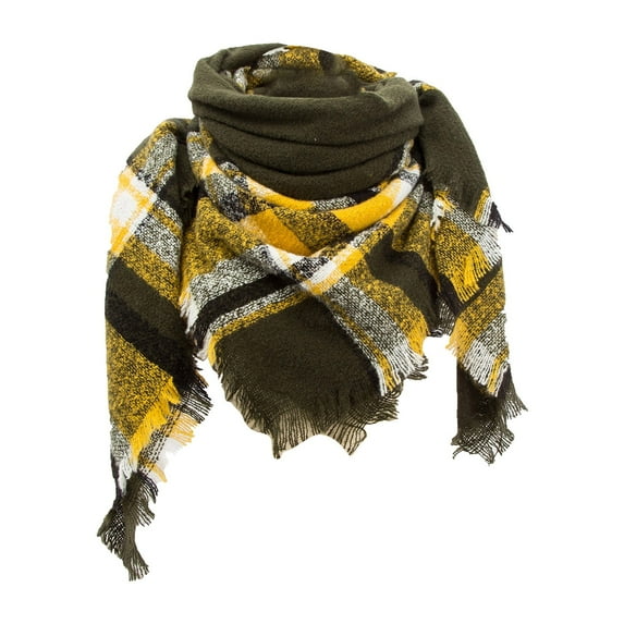 ManxiVoo Ladies Plaid Scarf With Fringe Detail Reversible Triangle Shawl Lightweight Soft Fashion Accessory Checkered Pattern Two Tone Wear