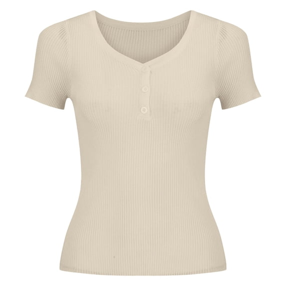 ManxiVoo Ladies Short Sleeve Knit Top V Neck Woven Sweater Style Slim Fit Versatile Wear Lightweight Comfortable Casual Shirt L Size Beige
