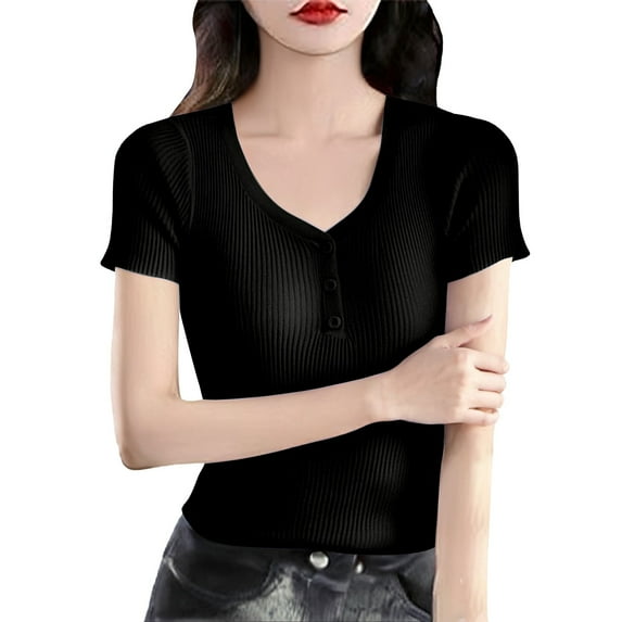 ManxiVoo Ladies Short Sleeve Knit Top V Neck Woven Sweater Style Slim Fit Versatile Wear Lightweight Comfortable Casual Shirt XL Size Black
