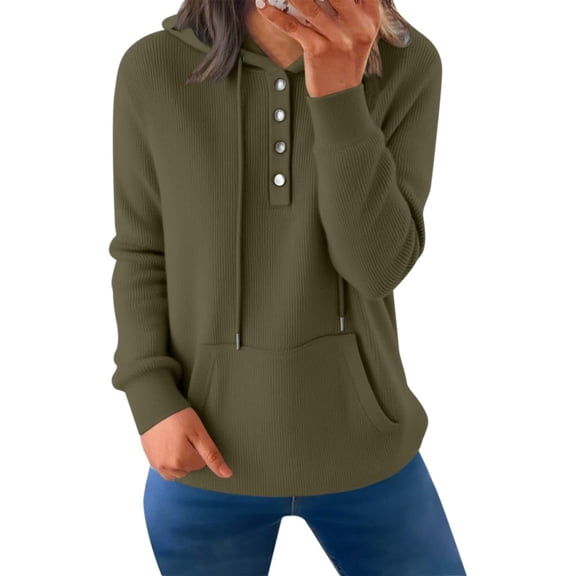 ManxiVoo Ladies Slim Fit Button Detail Hooded Sweatshirt for Autumn and Winter Comfort Wear L Size Green