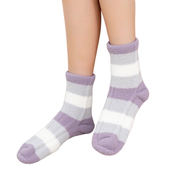ManxiVoo Ladies Striped Pattern Coral Socks with Fluff Thickened for Home Use as Floor Socks and Sleeping Comfort