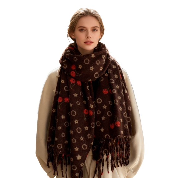 ManxiVoo Ladies Stylish Versatile Double Cherry Scarf as Warm Winter Neck Warmer and Shawl for Elegant Daily Wear Coffee