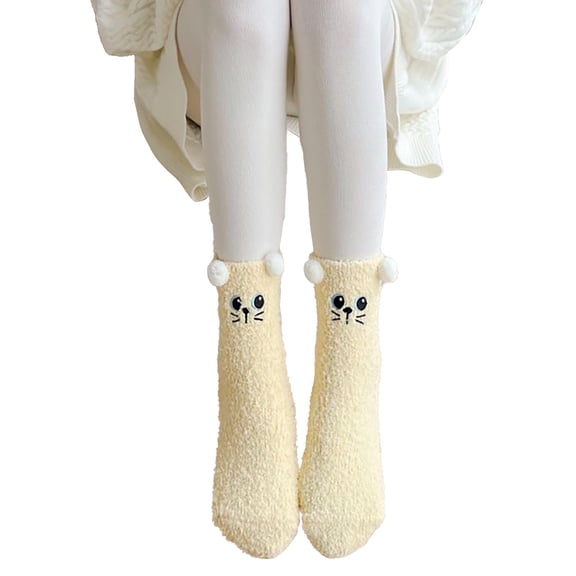 ManxiVoo Ladies Thickened Coral Floor Socks for Autumn and Winter with Mid Calf Length Non Shedding Design Cozy for Sleeping and Home Comfort Light Yellow