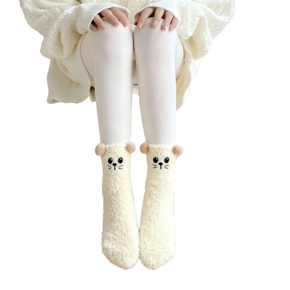 ManxiVoo Ladies Thickened Coral Floor Socks for Autumn and Winter with Mid Calf Length Non Shedding Design Cozy for Sleeping and Home Comfort Beige