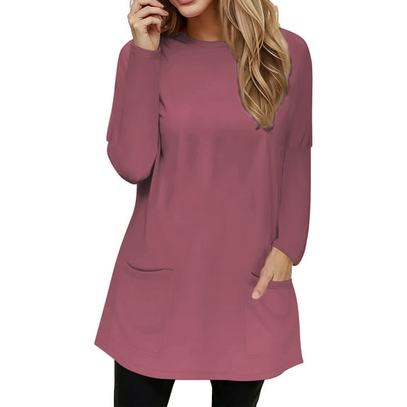 ManxiVoo Long Sleeve T-Shirt for Women with Front Pockets Round Neck Relaxed Fit Loose Casual Top Utility Chic Everyday Comfort for Active Women S Size Hot Pink