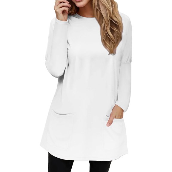 ManxiVoo Long Sleeve T-Shirt for Women with Front Pockets Round Neck Relaxed Fit Loose Casual Top Utility Chic Everyday Comfort for Active Women S Size White