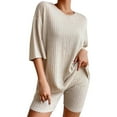 thumbnail image 1 of ManxiVoo Matching Ribbed Knit Sleepwear Set For Women Relaxed Fit T-Shirt And Biker Shorts Lounge Outfit Cozy Two Piece L Size Beige, 1 of 8