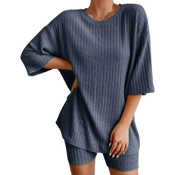 ManxiVoo Matching Ribbed Knit Sleepwear Set For Women Relaxed Fit T-Shirt And Biker Shorts Lounge Outfit Cozy Two Piece L Size Navy