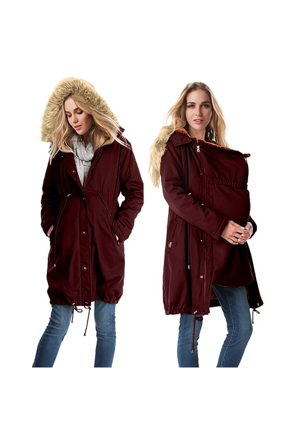 Maternity Cotton Jacket Winter Long Puffer Down Parka With Hood And Pockets Warm Insulated Coat For Outdoor Protection XXL Size Wine