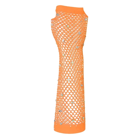 ManxiVoo Mesh Short Gloves with Diamond Accents Stretch Half Finger Design for Party and Punk Events Orange