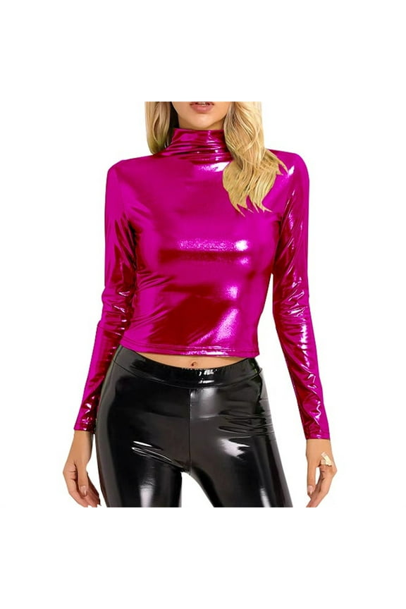 Metallic Liquid Glitter Turtleneck Crop Top Long Sleeve Shiny Bodycon Shirt Women Sleeveless Tank Versatile Evening Glam M Size Hot Pink