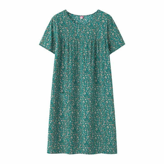 ManxiVoo Mid Length Sleep Dress Short Sleeve Cotton Silk Nightgown for Women Soft and Breathable Home Dress Loose Fit Plus Size Green