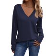 thumbnail image 1 of ManxiVoo Modern V Neck Button Down Shirt Long Sleeve Loose Fit Casual Top for Women Soft Everyday Comfortable Tunic Style Blouse XXL Size Blue, 1 of 8