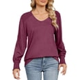thumbnail image 1 of ManxiVoo New Women Loose V Neck Blouse Lantern Sleeve Pleated Design Casual Comfort Top Breathable Daily Wear Tunic L Size Wine, 1 of 5