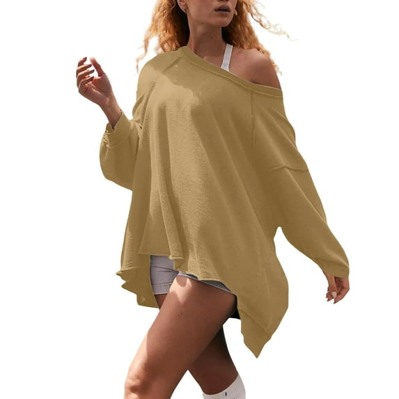 ManxiVoo Off Shoulder Sweatshirt for Women Solid Color Loose Fit Soft Casual Fall Top Irregular Hem L Size Gold