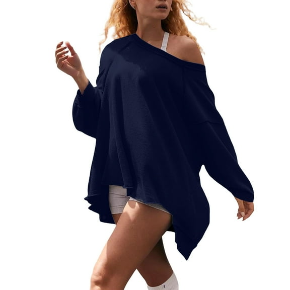 ManxiVoo Off Shoulder Sweatshirt for Women Solid Color Loose Fit Soft Casual Fall Top Irregular Hem L Size Navy
